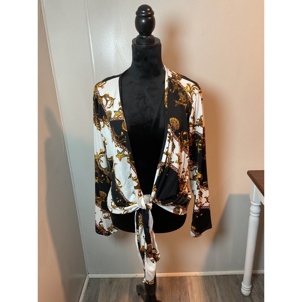 Zenobia Baroque Seashell Tie-front Cardigan Top-Black/White Gold‎ Print Size 3XL